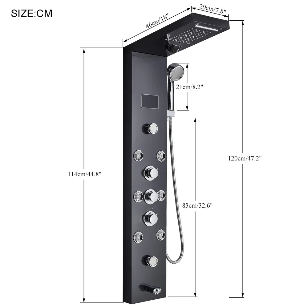 Cascade Luxe LED Shower Panel System with Digital Temperature Display & SPA Massage Jets