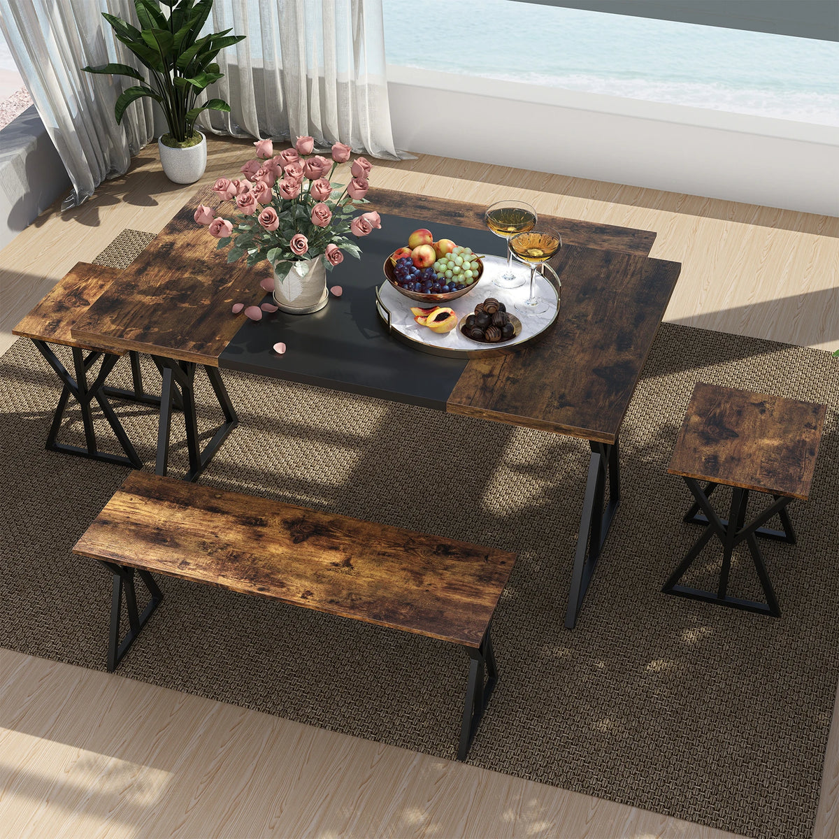5-Piece Dining Room Set with 2 Benches & 2 Stools, Metal Frame for Small Room