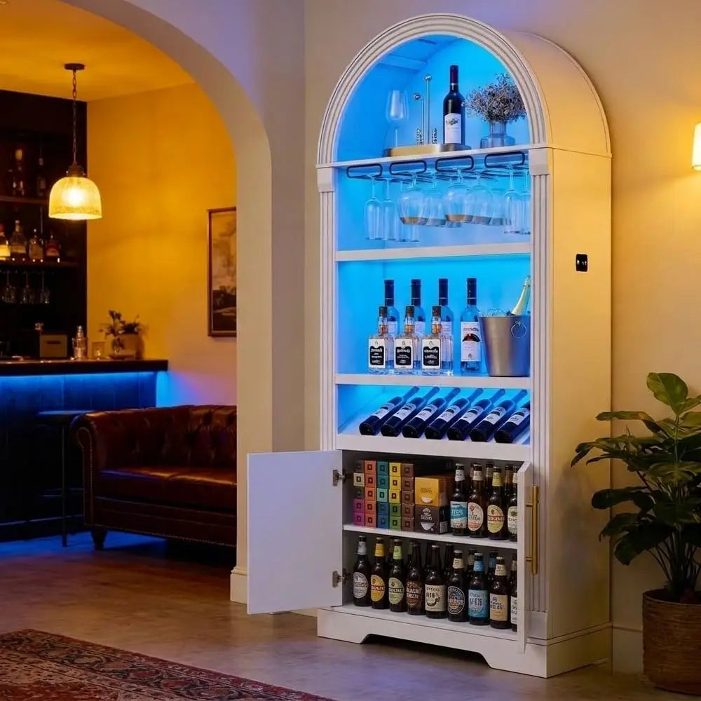 Arched Fluted Wine Bar Cabinet with Wine Rack & Stemware Storage - 71"