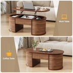 Oval Walnut Fluted Lift Top Coffee Table Hidden Storage Small Spaces Home Office Living Room Mid Century Modern Center Table