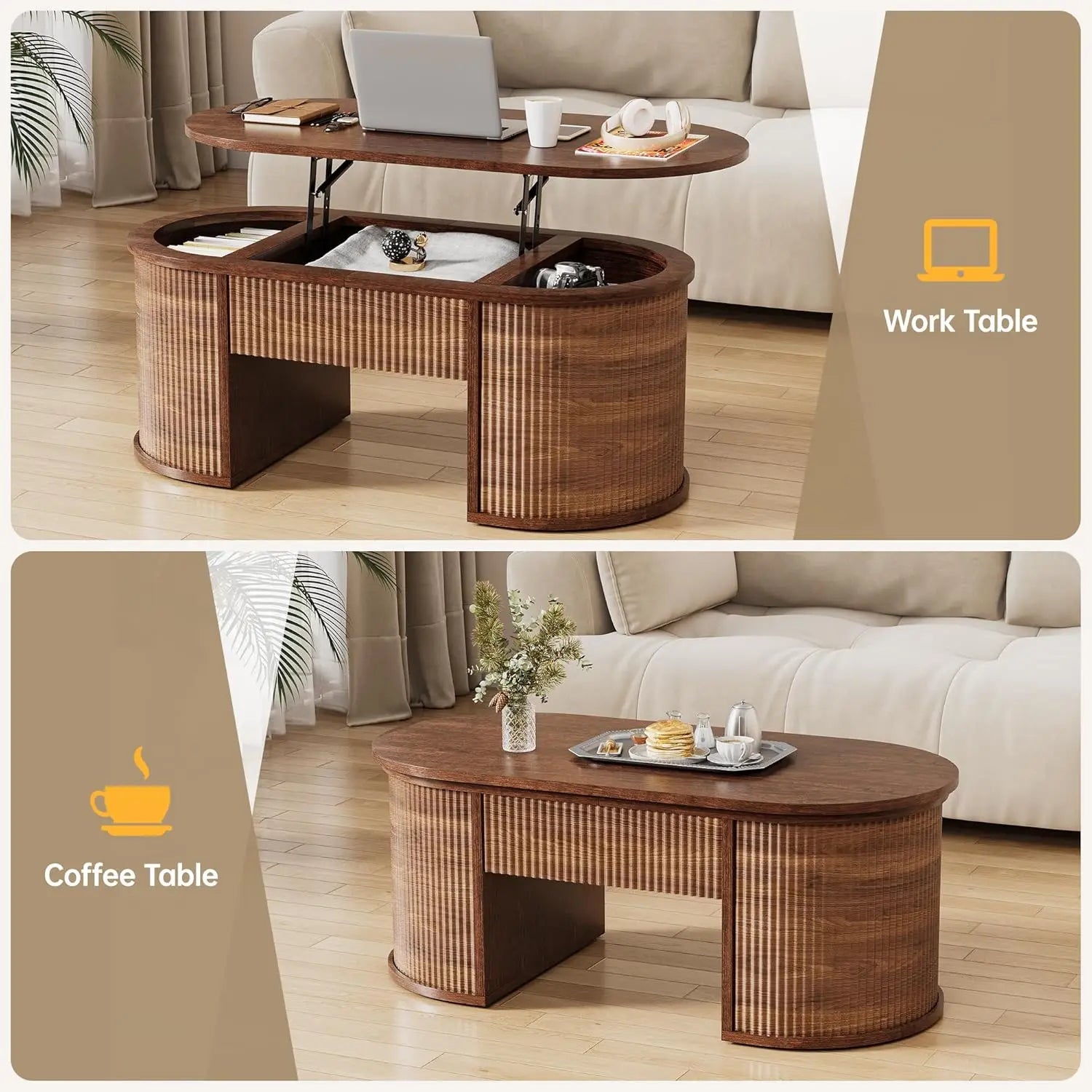 Oval Walnut Fluted Lift Top Coffee Table Hidden Storage Small Spaces Home Office Living Room Mid Century Modern Center Table