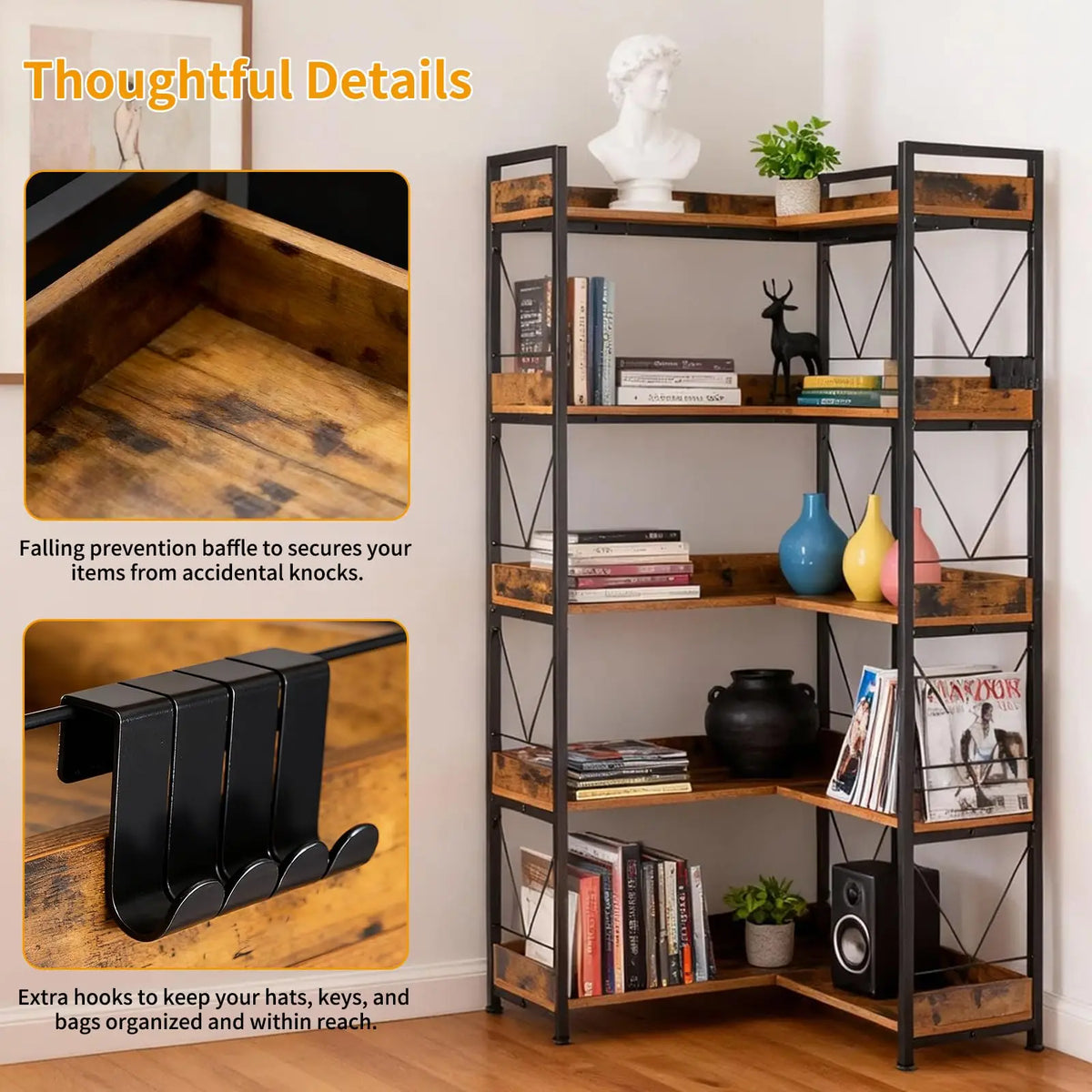 L-Shaped Corner Bookshelf with 5-Tier Open Storage, Hooks & Metal Frame