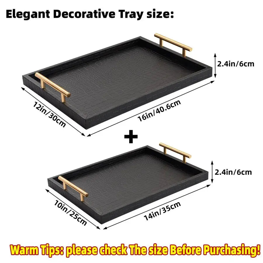 Noir Luxe Decorative Serving Tray Set with Gold Handles – 2 Piece