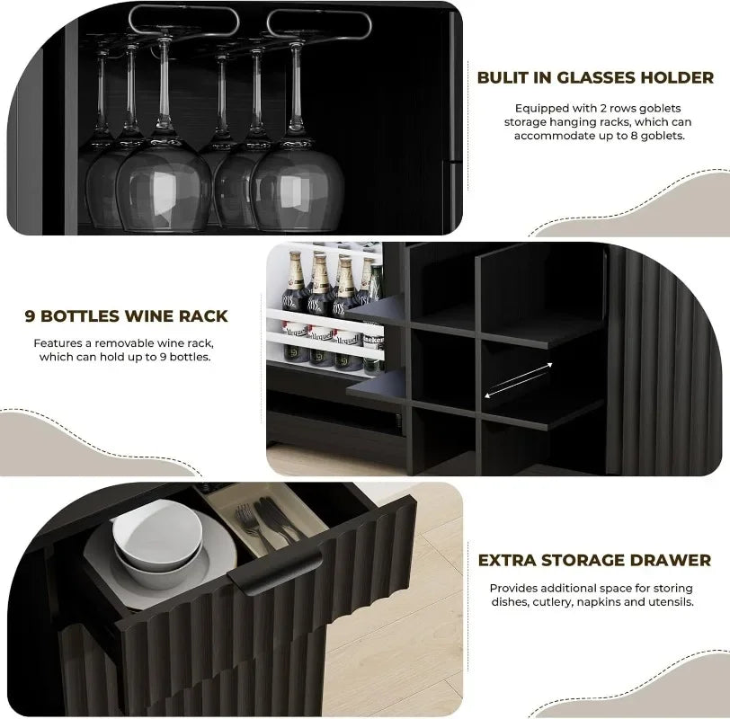 Fluted Coffee & Wine Bar Cabinet with 92L Mini Fridge, Wine Rack & Stemware Storage