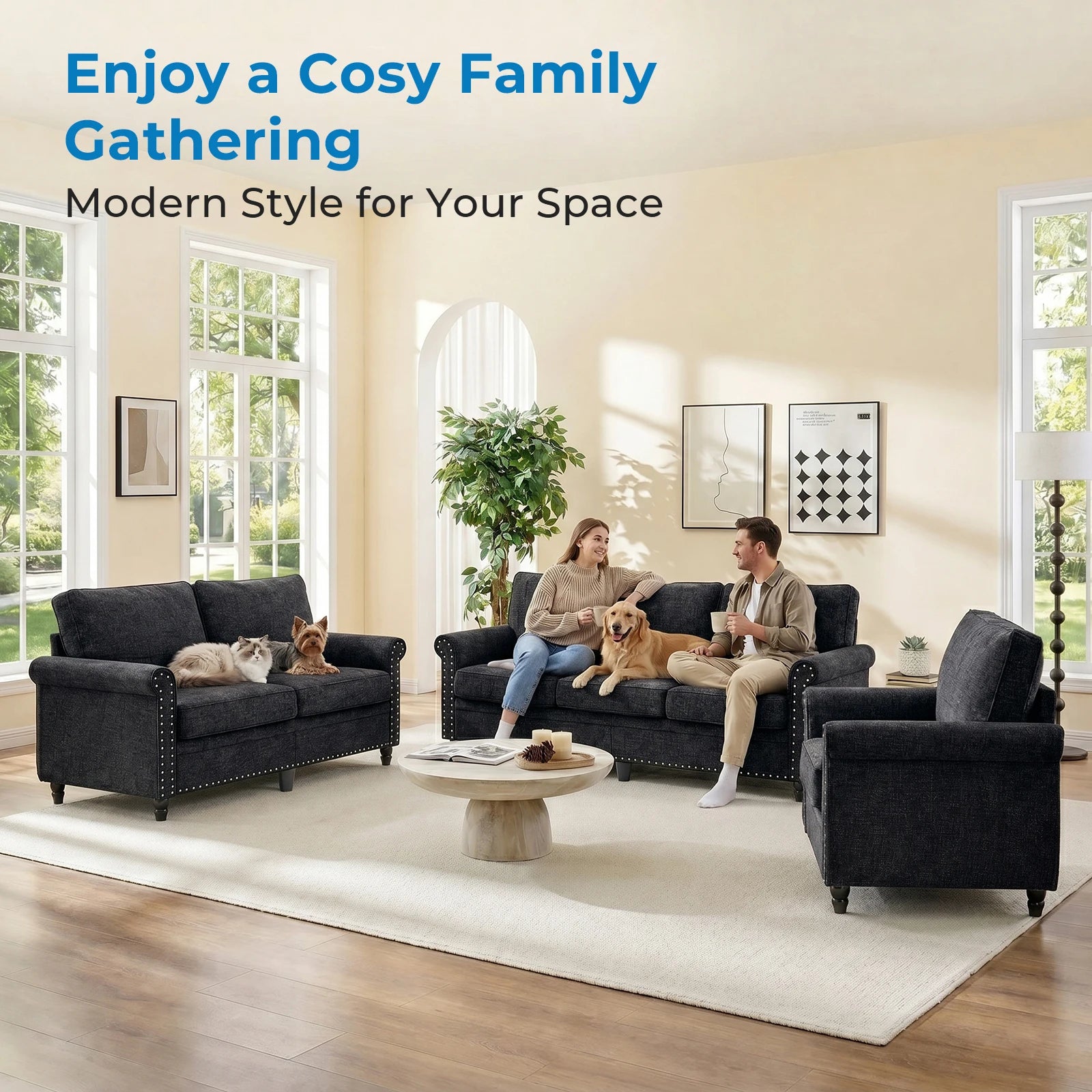 Chenille Living Room Sofa Set with Thick Cushions & Wood Frame - 3-Piece