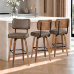 Counter Height Bar Stools Set Of 3, 26in Swivel Bar Stools With Back, Faux Leather Kitchen Island Stools, Bentwood Legs