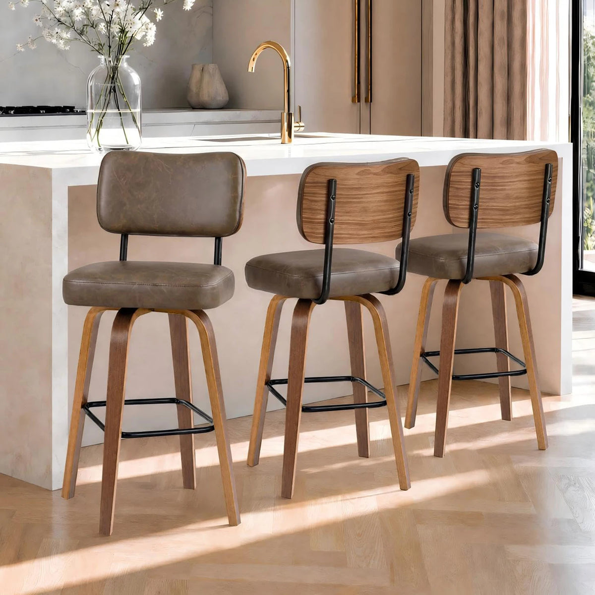 Counter Height Bar Stools Set Of 3, 26in Swivel Bar Stools With Back, Faux Leather Kitchen Island Stools, Bentwood Legs