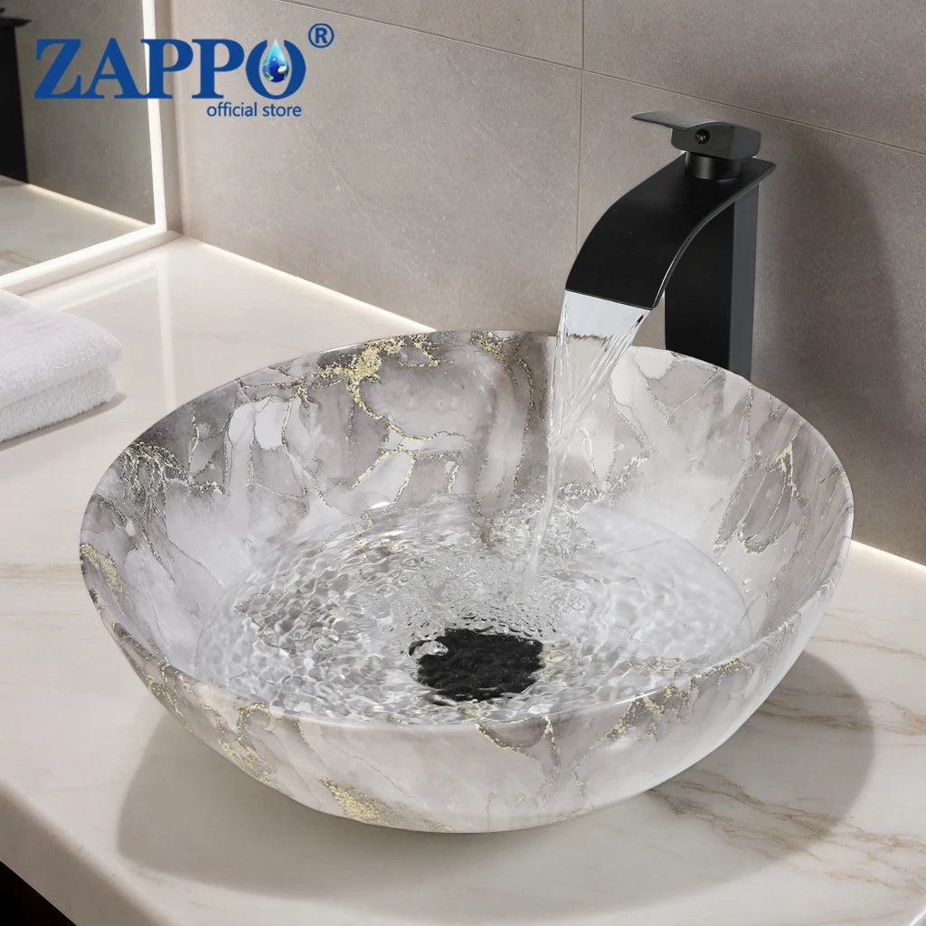 Aurora Luxe Marbled Ceramic Vessel Sink with Matte Black Waterfall Faucet Set