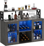 Rustic Wood Wine Bar Cabinet with RGB LED Lights, Power Outlets, Wine Rack & Glass Holder
