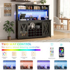 Farmhouse Coffee Bar Cabinet with Power Outlet, LED Lighting & 4-Section Storage Hutch