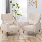 2-Piece Beige Velvet Wingback Accent Chair Set