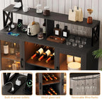 Rustic Wood Wine Bar Cabinet with RGB LED Lights, Power Outlets, Wine Rack & Glass Holder