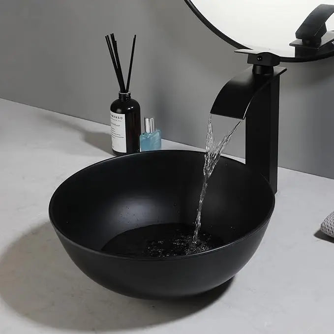 Obsidian Spa Stone Resin Vessel Sink with Waterfall Faucet Set
