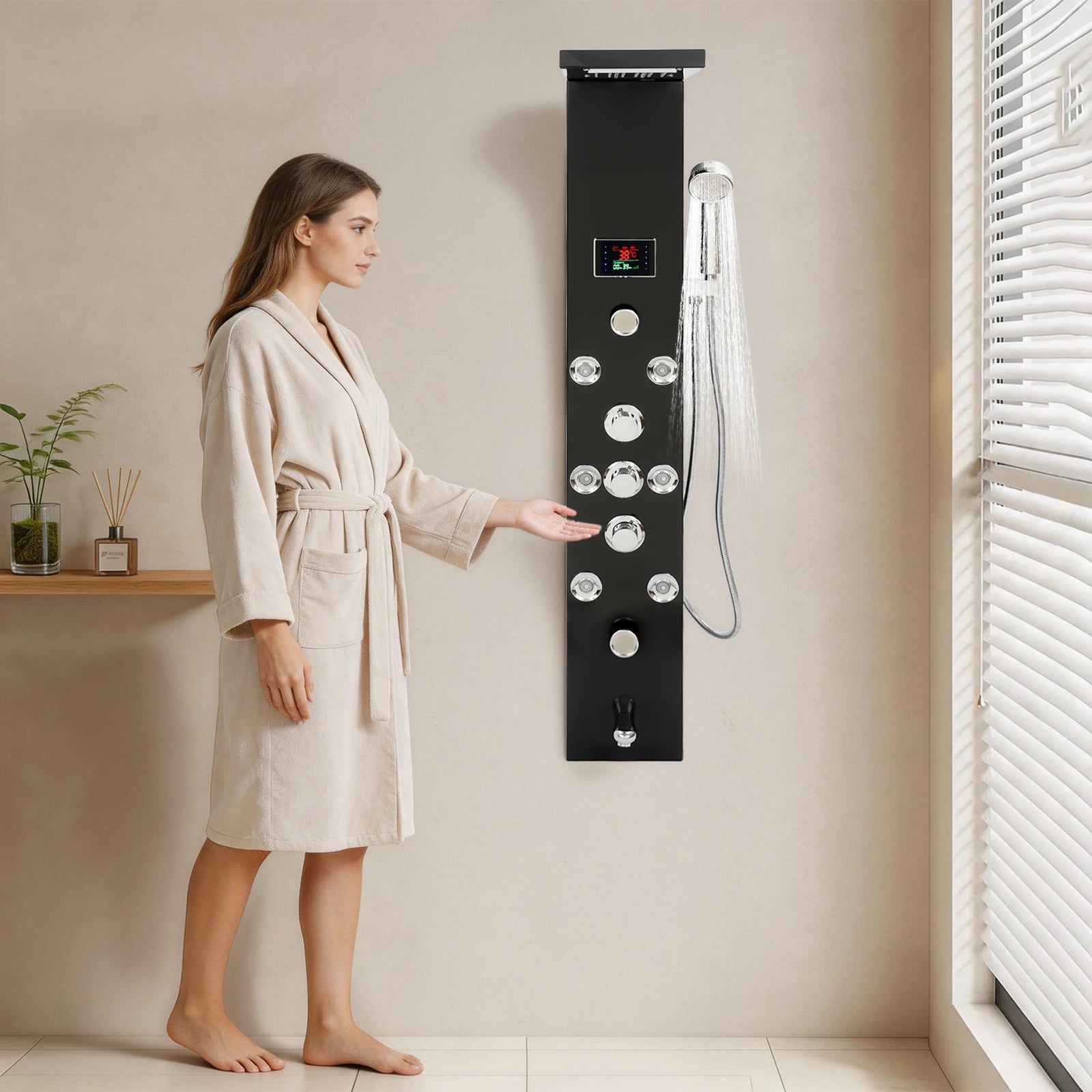 6-Function LED Shower Panel Tower with 8 Massage Jets – Black