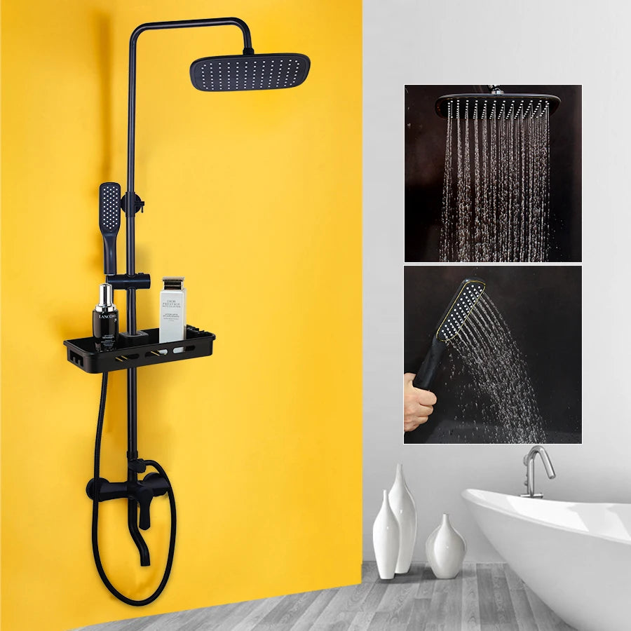 Matte Black Rainfall Shower System with Storage Shelf & Handheld Shower