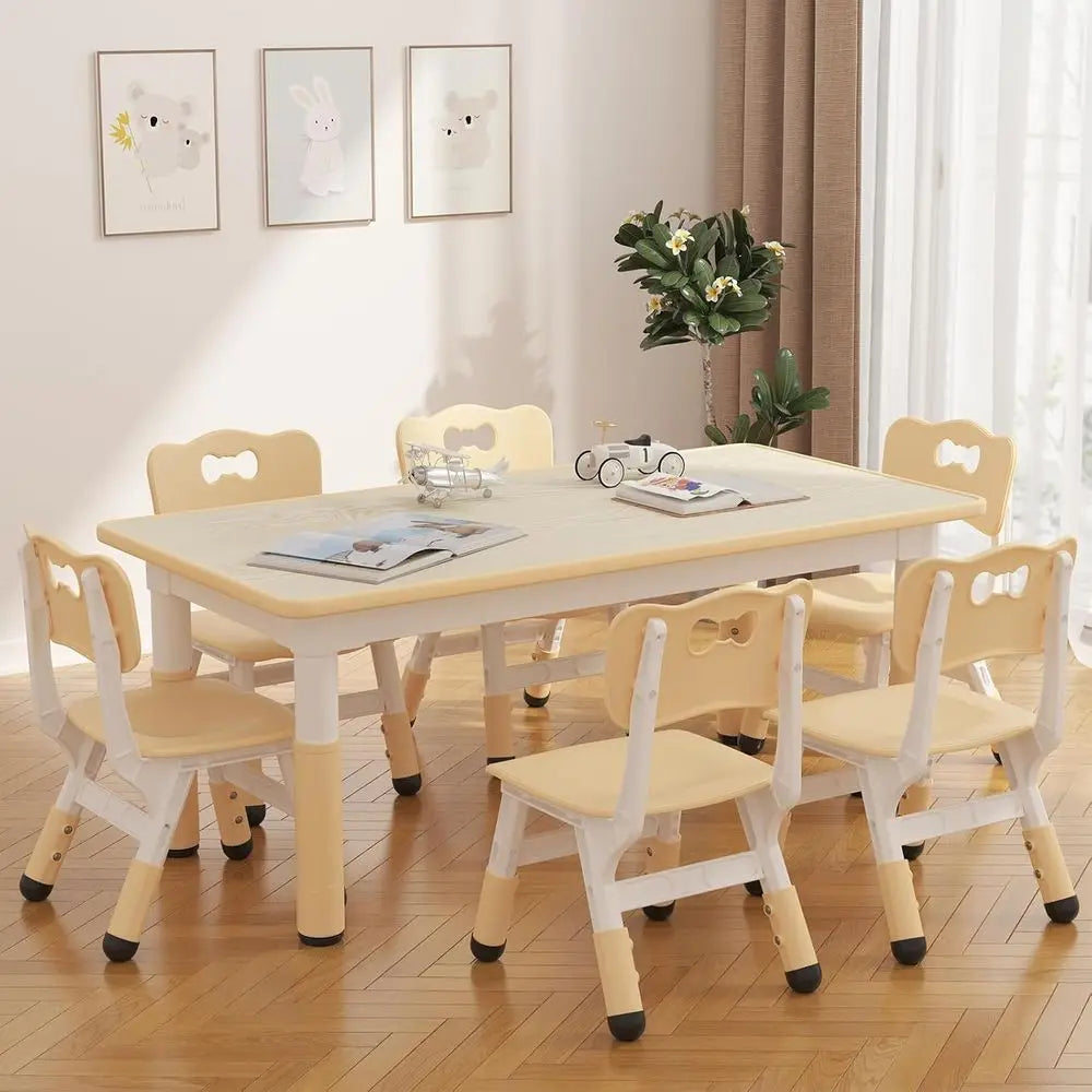 Kids Table And 6 Chairs Set Height Adjustable Toddler Table Ages 2-10 Graiti Desktop Non-Slip Legs for Children