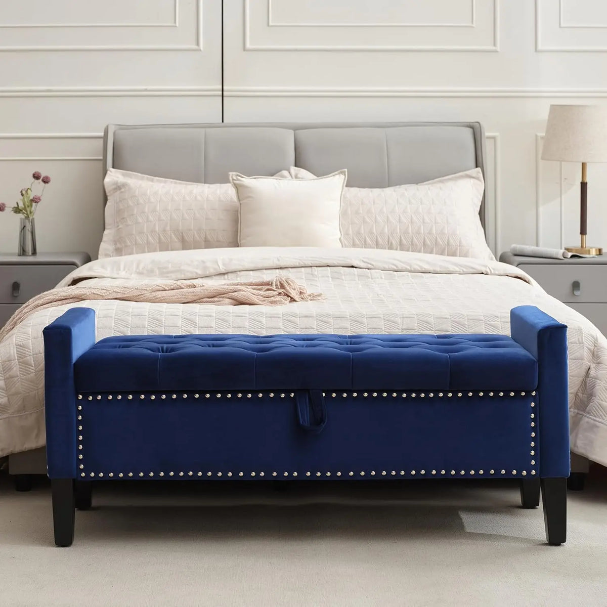 Velvet Storage Ottoman Bench, 45'' Upholstered Button Tufted End of Bed Bench, Modern Storage Bench for Bedroom,, Customized