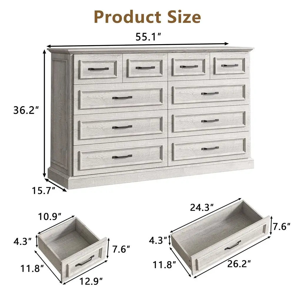 Rustic 10-Drawer Wood Dresser with Metal Handles – 55 Inch