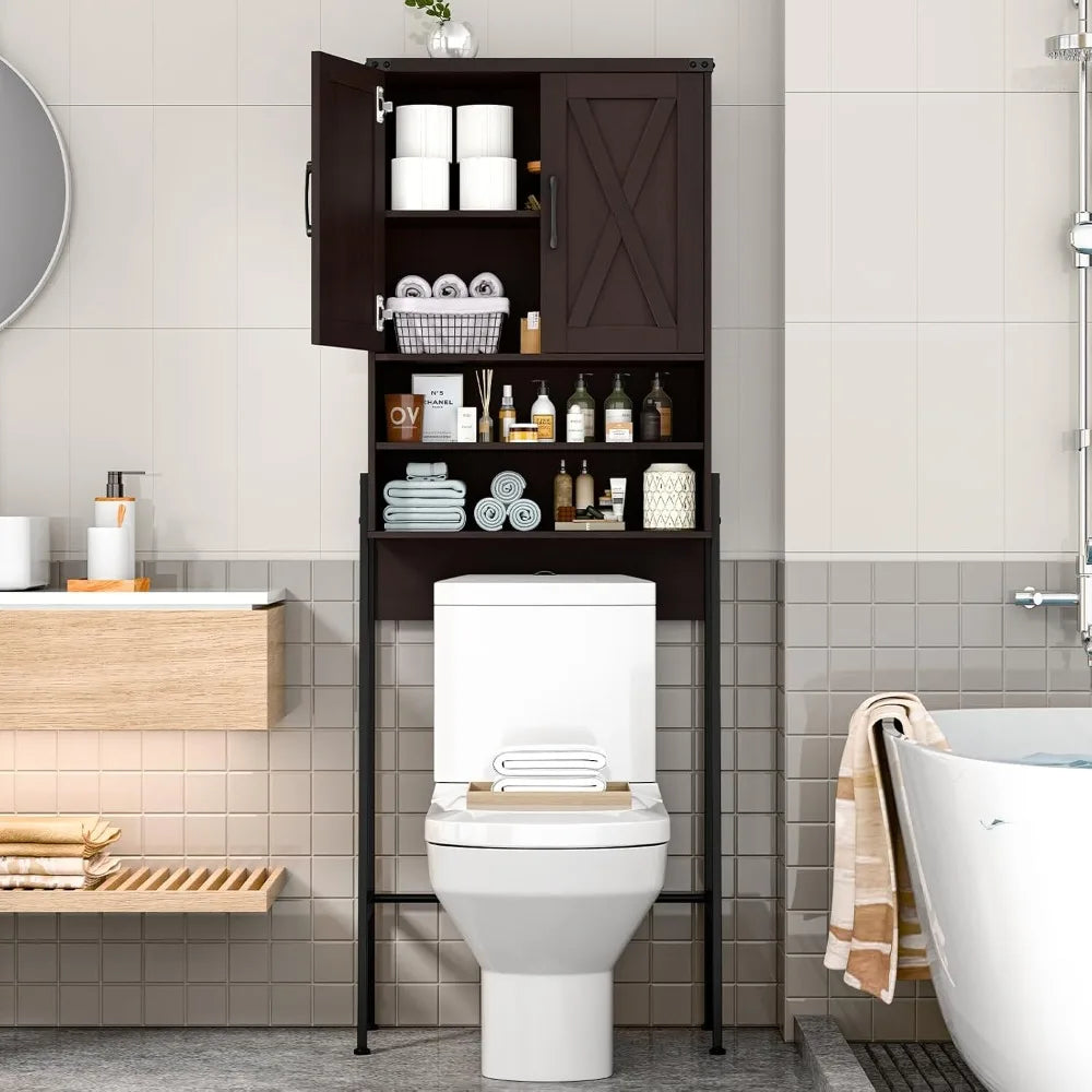 Farmhouse Over Toilet Storage Cabinet, Metal Frame with Barn Doors, Space-Saving Bathroom Rack