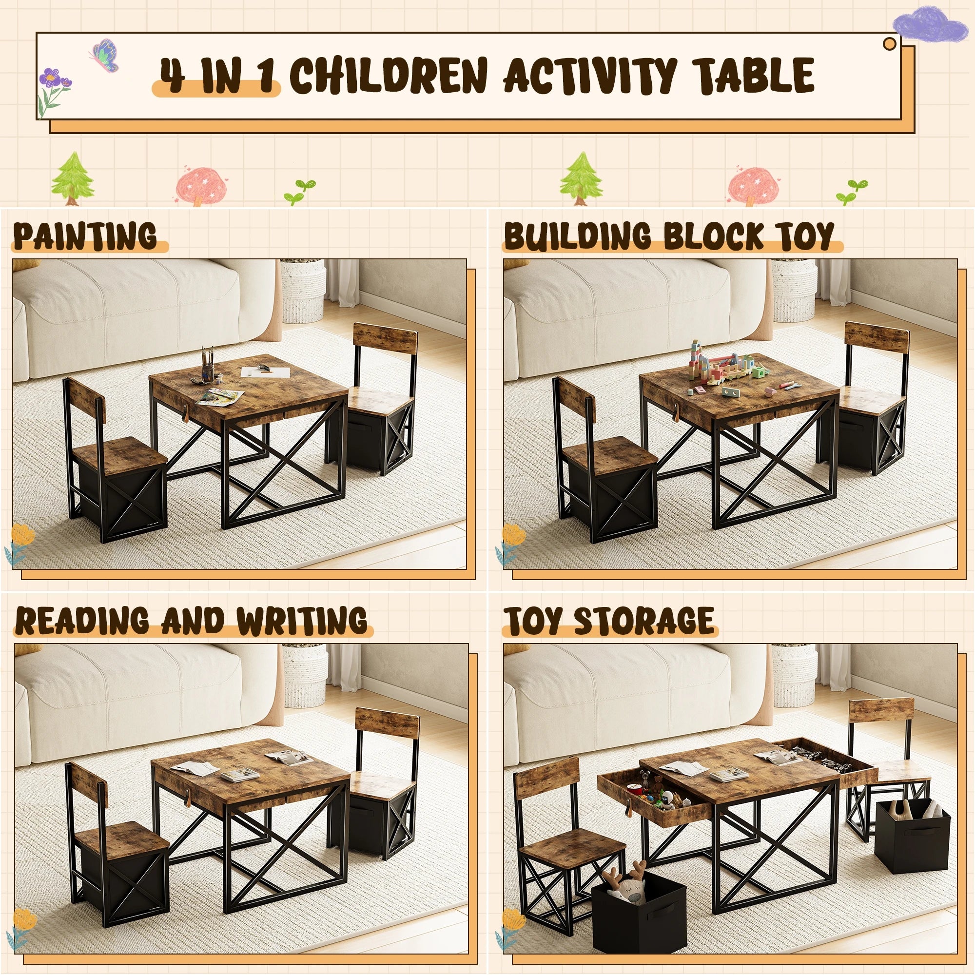4-in-1 Kids Table and Chairs Set with Storage, Toddler Activity Desk for Crafts, Drawing, Reading – Ideal Children’s Furniture f