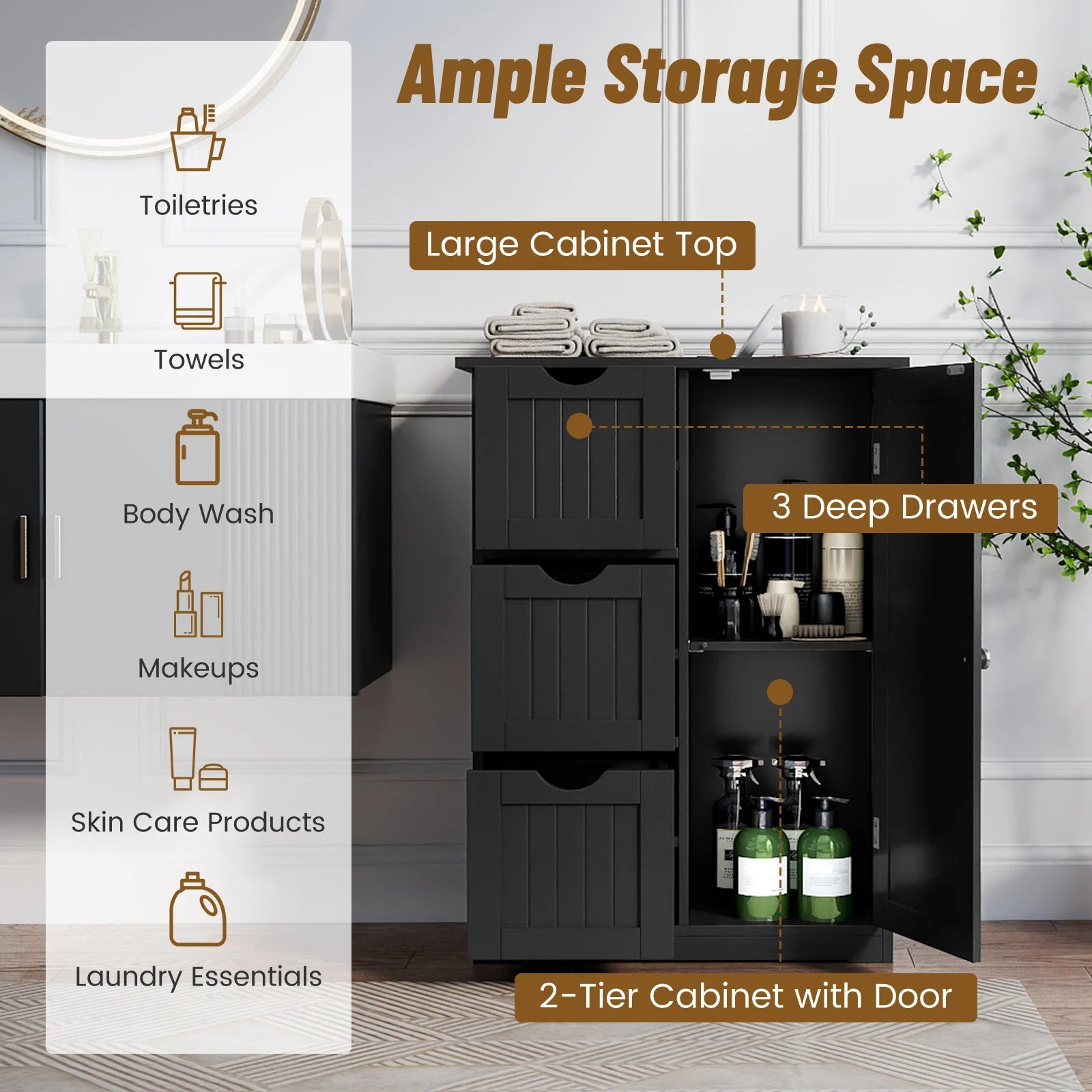 HavenHarbor Bathroom Floor Storage Cabinet with 3 Drawers & Adjustable Shelf