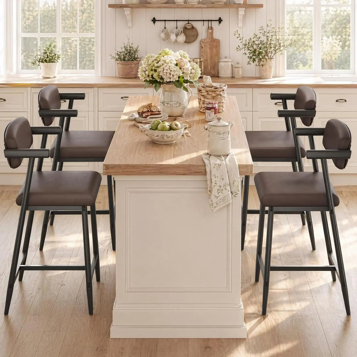 Upholstered Counter Height Bar Stools with Arms, Wide Seats & Metal Frames