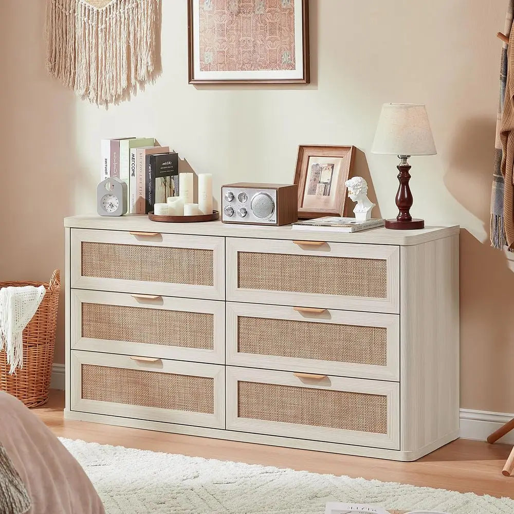 Boho Rattan 6-Drawer Dresser & TV Stand Organizer – 54 Inch