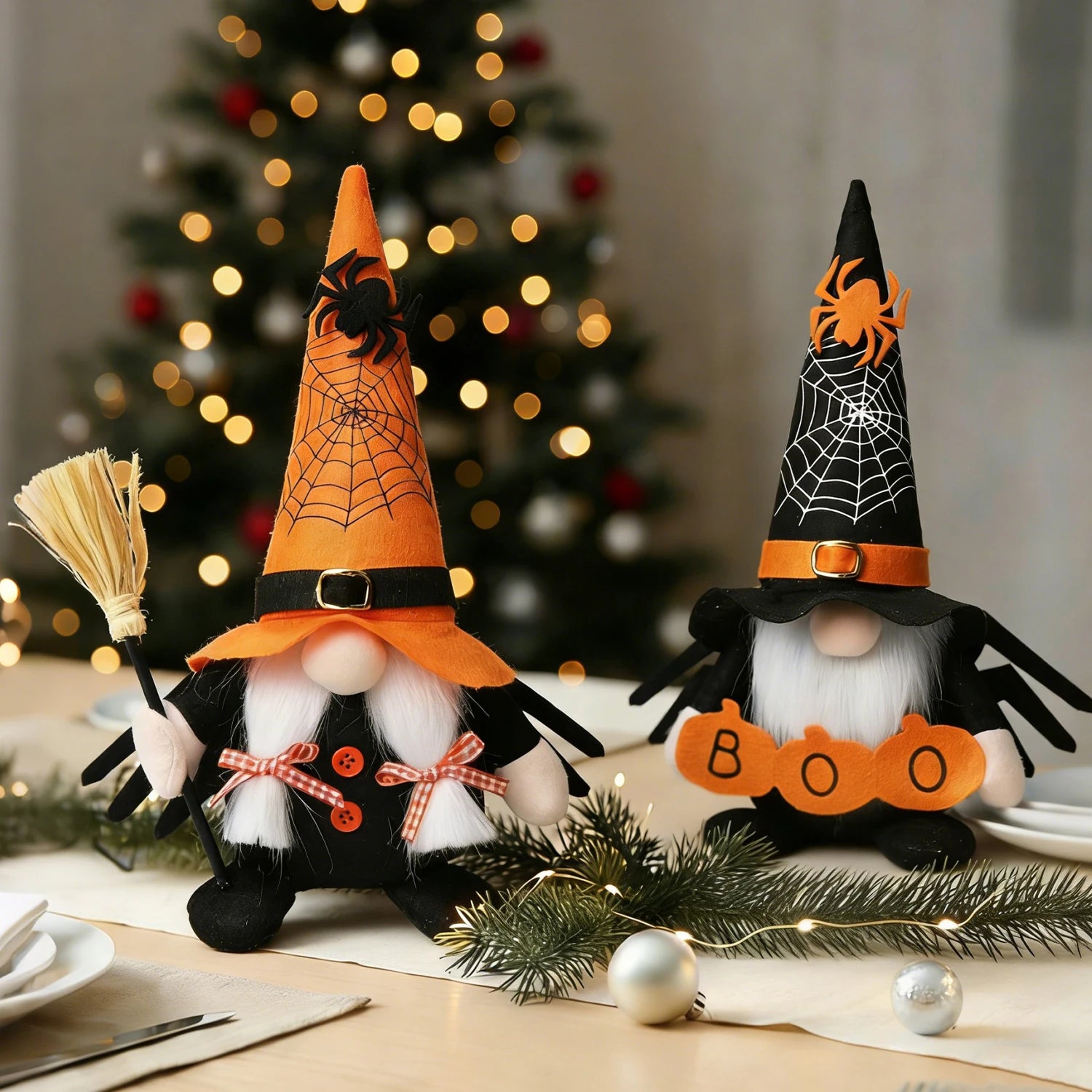 Halloween Spider Puppet Ornament Set – Black & Orange Spooky Décor 2-Piece