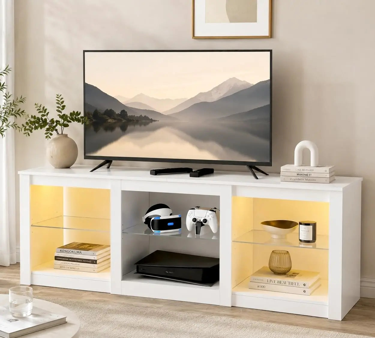 58" Wooden Modern LED TV Console With RGB Lights & Adjustable Glass Shelves Fits 65/70 Inch TV, Custom