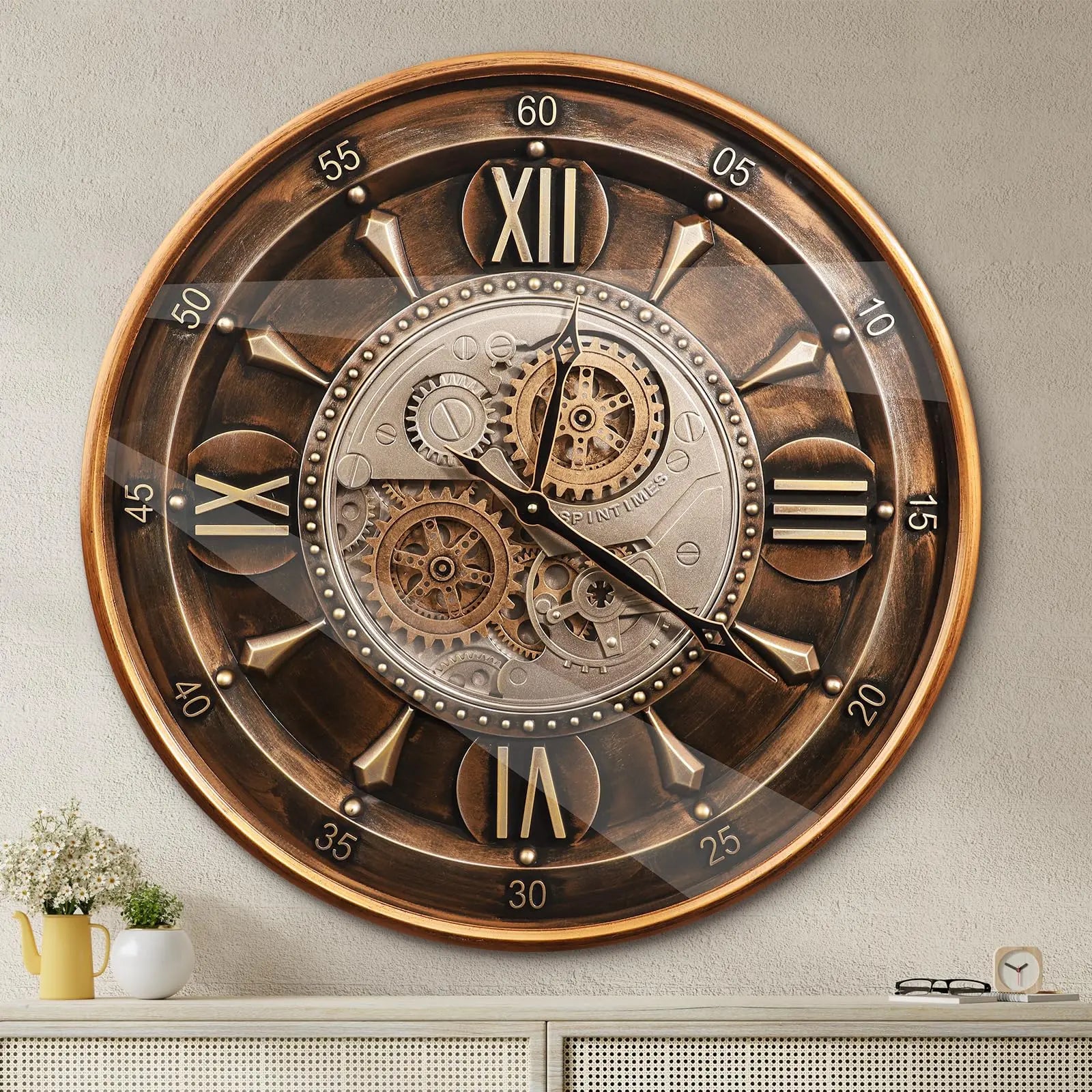 Heritage Steampunk Gear Wall Clock – 24 Inch Antique Gold