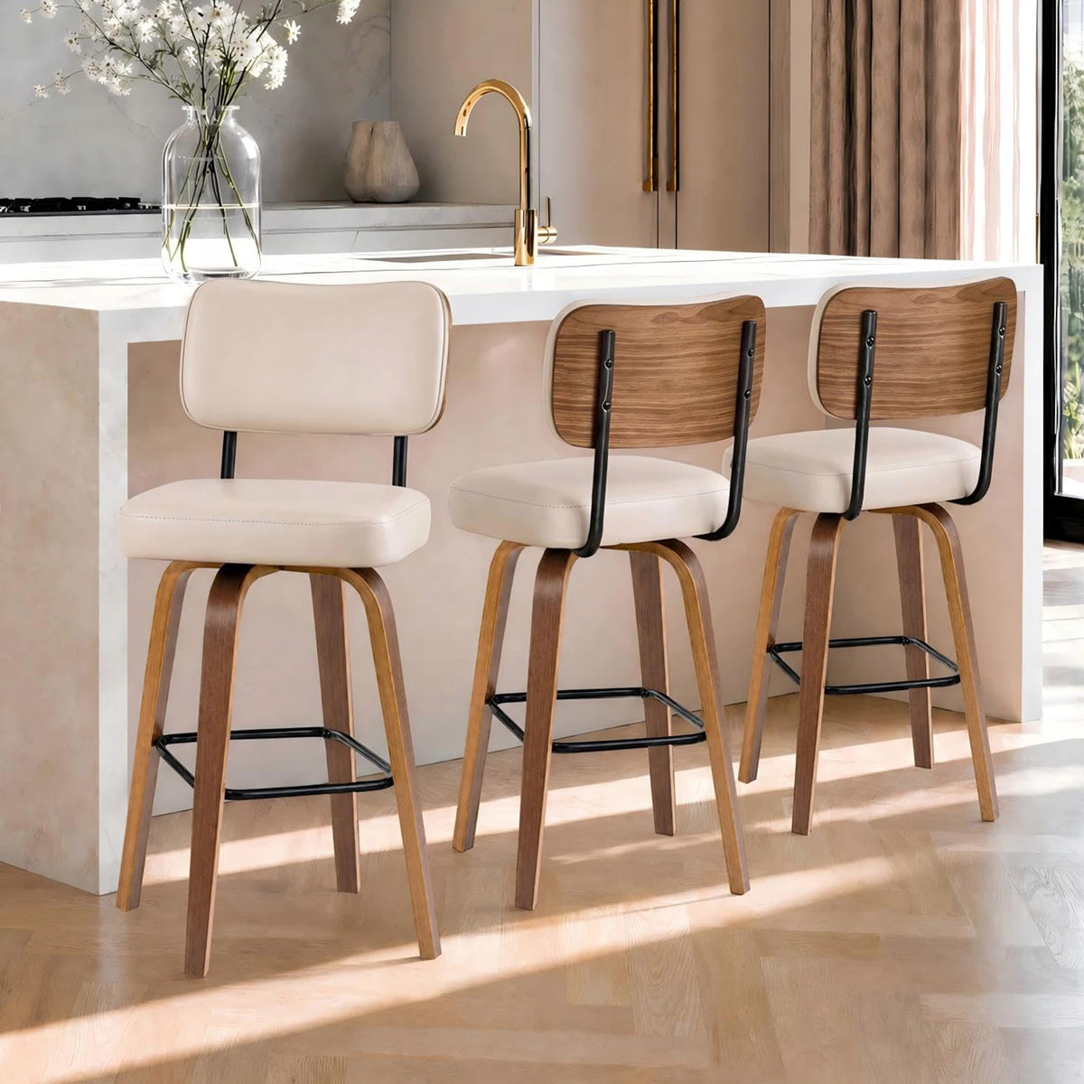 Counter Height Bar Stools Set Of 3, 26in Swivel Bar Stools With Back, Faux Leather Kitchen Island Stools, Bentwood Legs