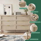 Haven Ridge Mid-Century Rattan Dresser with Gold Handles – 6 Drawer
