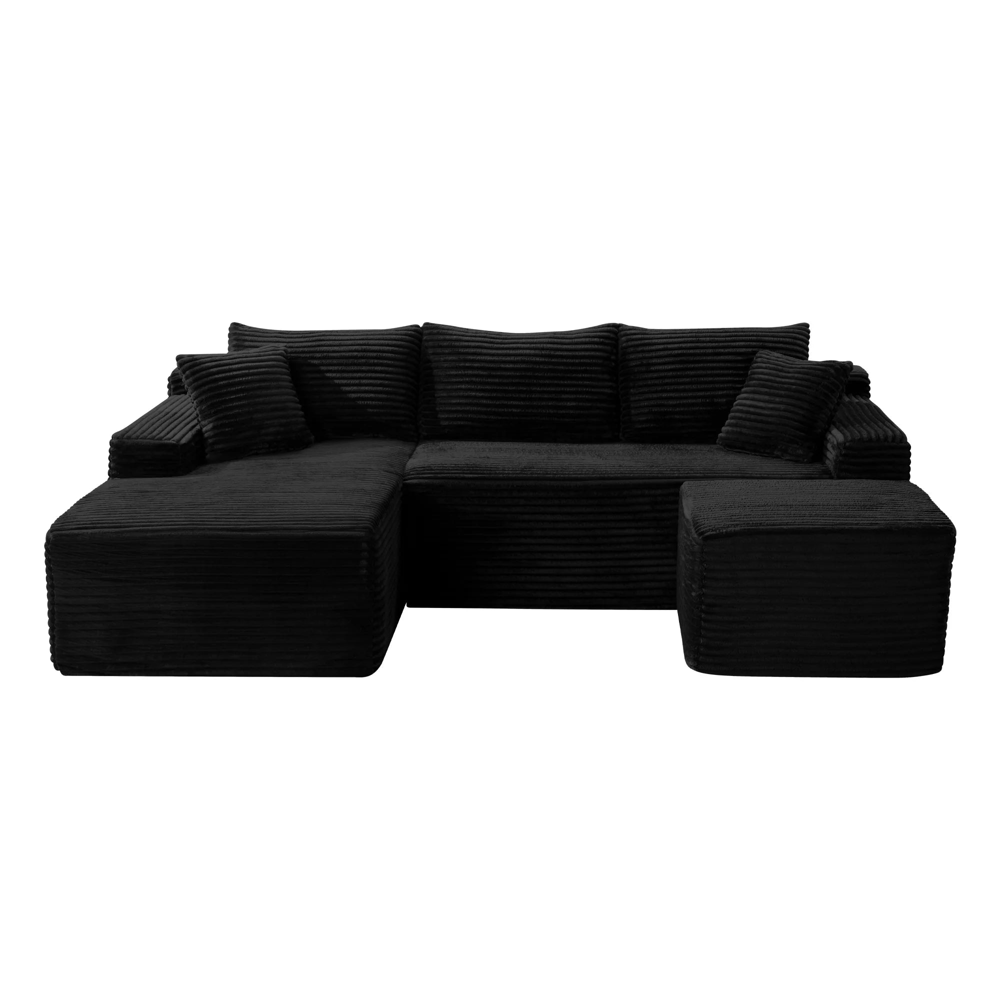94.5" U-Shaped Sectional Sofa with Deep Seat, No Assembly Modular Cloud Couch in Corduroy Fabric with Ottoman, Space-Saving Sleeper for Living Room Bedroom Apartment, Black