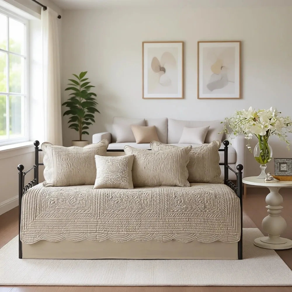 All Season Cotton-Filled Daybed Cover Set with Quilted Design, Scallop Edge, and Coastal Decor Pillows