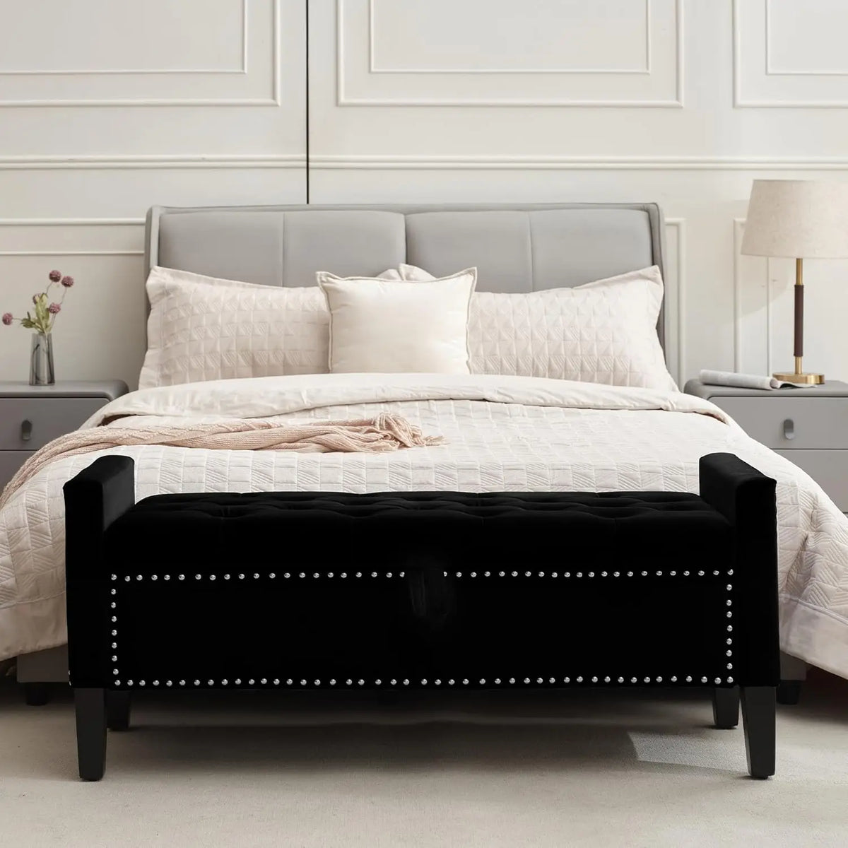 Velvet Storage Ottoman Bench, 45'' Upholstered Button Tufted End of Bed Bench, Modern Storage Bench for Bedroom,, Customized