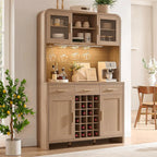 Gray Oak Wine & Coffee Bar Cabinet with LED Lighting, Charging Station, 24-Bottle Wine Rack & Glass Storage
