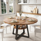 Farmhouse Round Dining Table with Open Storage Shelf & Reinforced Metal Cross Base