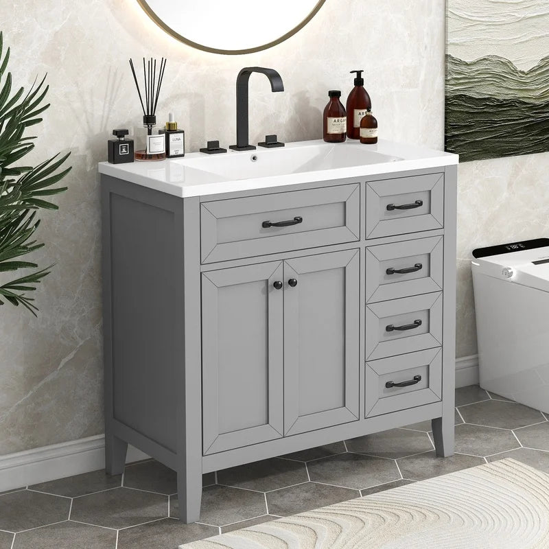 36" Grey Bathroom Vanity with Sink and Drawers, Solid Frame MDF Cabinet