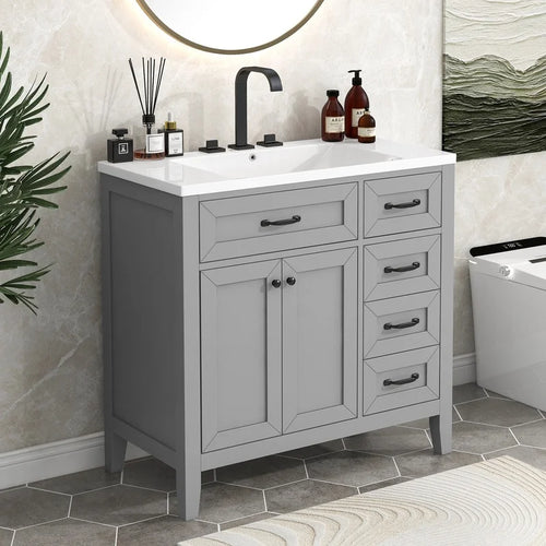 36" Grey Bathroom Vanity with Sink and Drawers, Solid Frame MDF Cabinet
