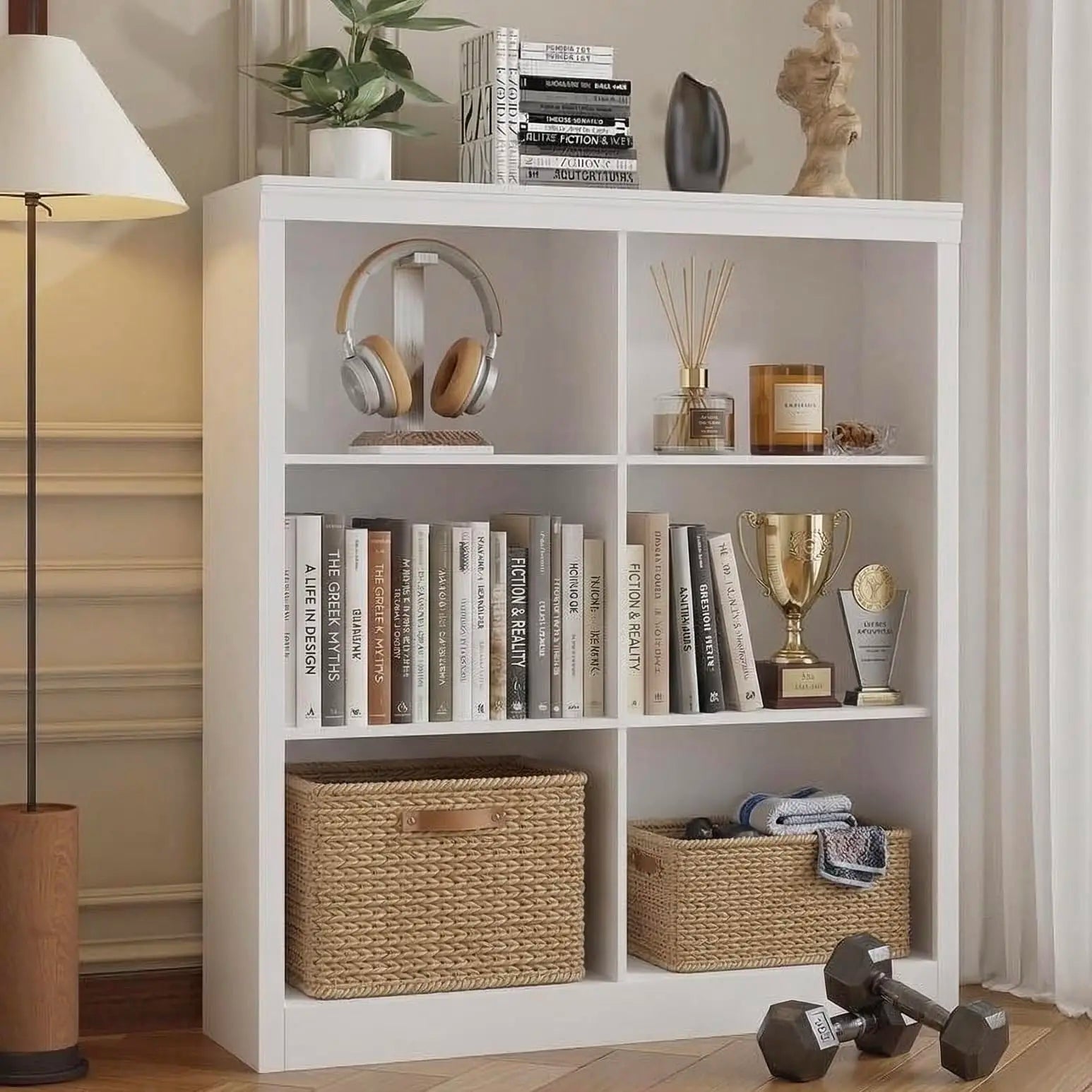 Heritage Farmhouse Bookshelf with Wicker Storage Baskets