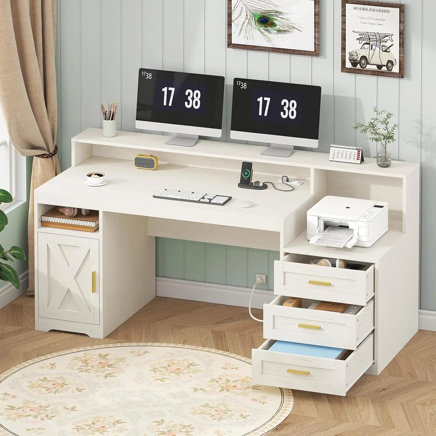 Heritage Farmhouse 65" Executive Computer Desk with Storage & Power Station