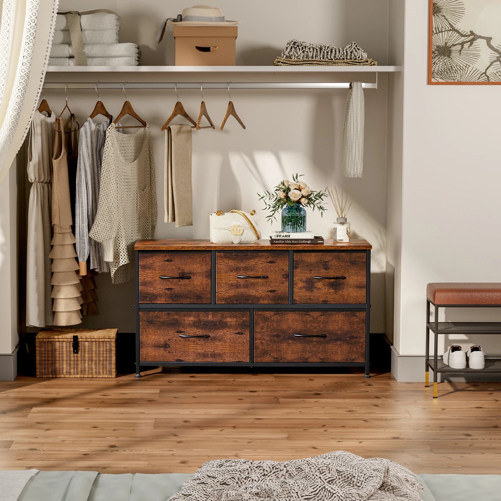 HavenNest Elite 5-Drawer Fabric Storage Dresser with Display Shelf