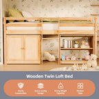 Low Loft Bed Twin Size with LED Lights, Storage Cabinet, Shelf, and Safety Guardrail, Natural Wood