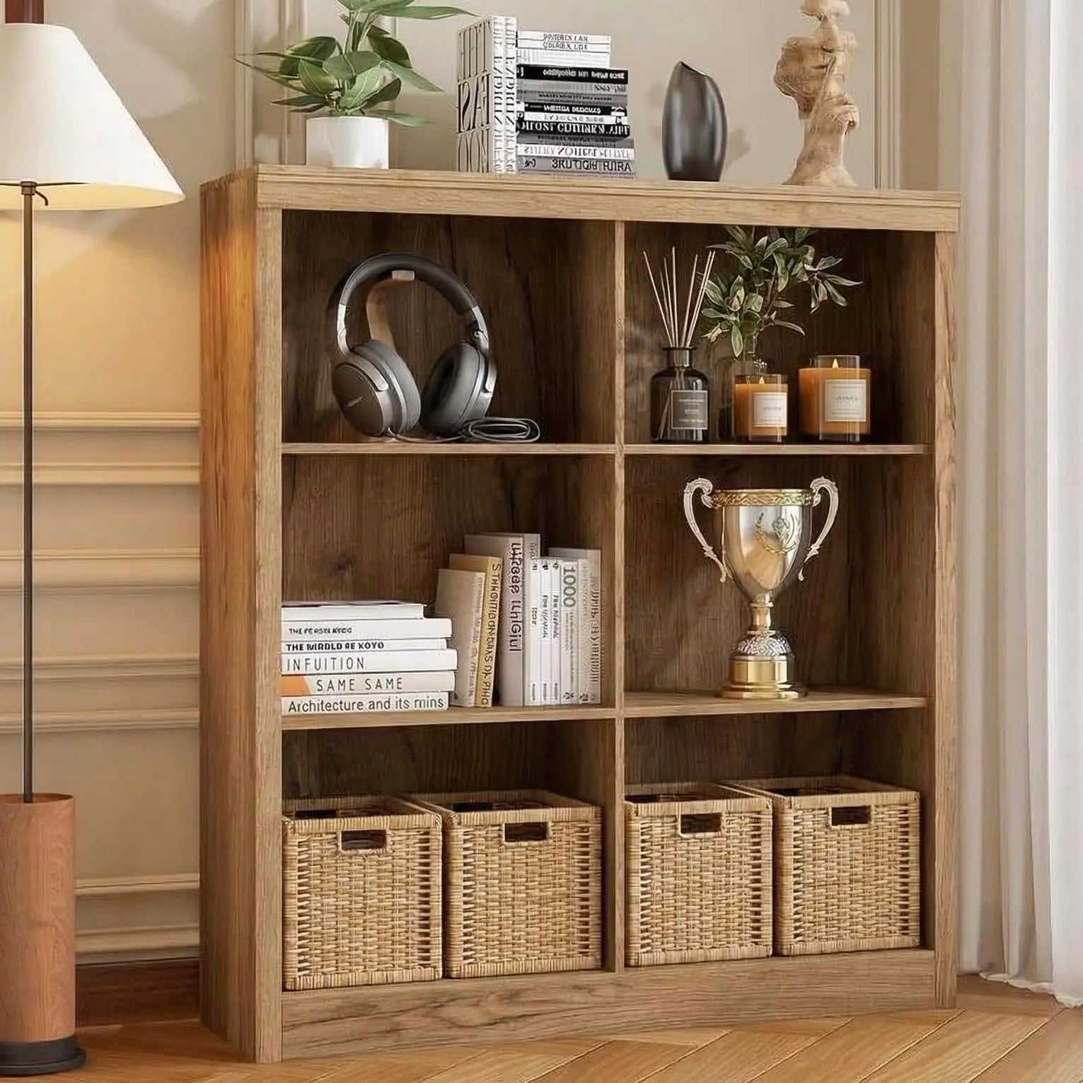 Heritage Farmhouse Bookshelf with Wicker Storage Baskets