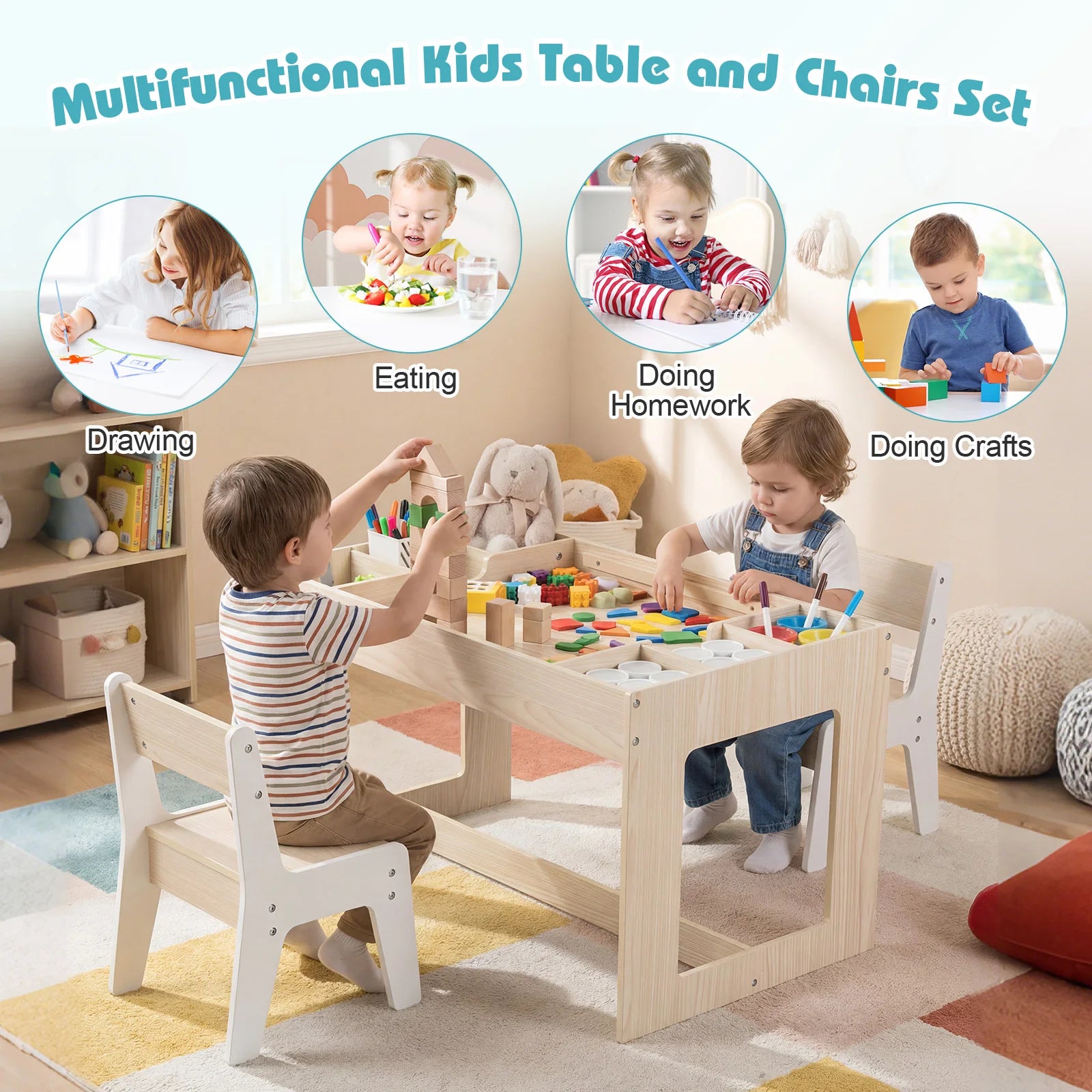 Multifunctional Kids Table & 2 Chairs Set w/ Removable Double-sized Tabletop