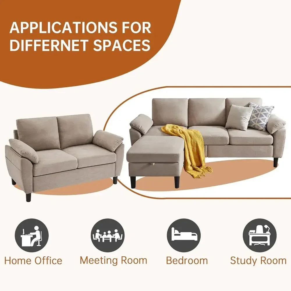 Beige Sectional Sofa & Loveseat Set with Storage Ottoman