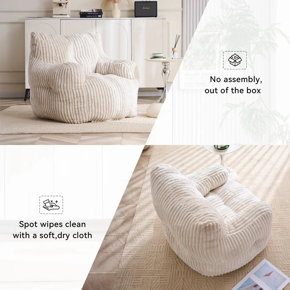 Soft and fluffy corduroy memory foam beanbag chair; comfortable velvet single-seater sofa for adults—ideal for home relaxation and gaming.