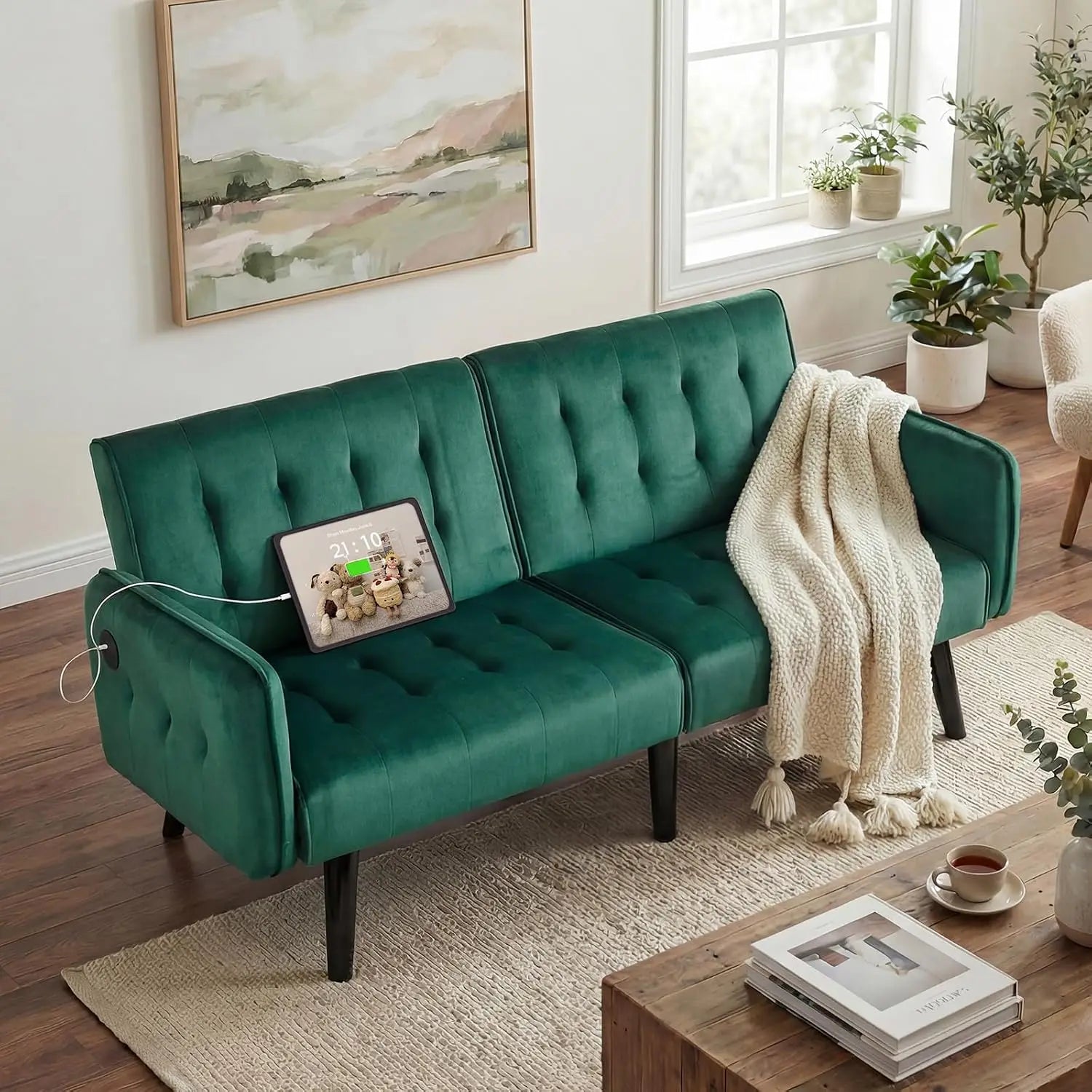 65“ Convertible Futon Sofa Bed w/ 2 USB, Upholstered Tufted Small Adjustable Folding Couch Loveseat, Modern Mid Century, Custom