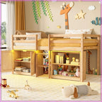 Low Loft Bed Twin Size with LED Lights, Storage Cabinet, Shelf, and Safety Guardrail, Natural Wood