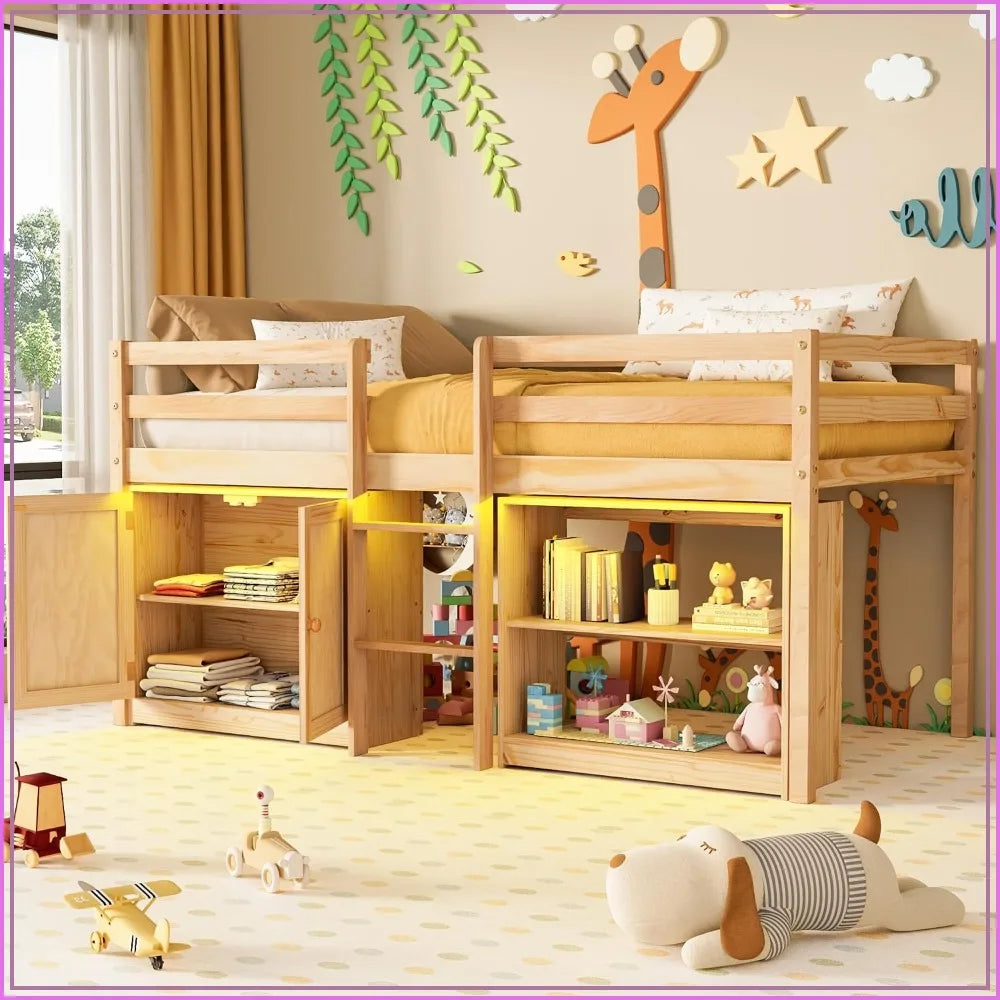 Low Loft Bed Twin Size with LED Lights, Storage Cabinet, Shelf, and Safety Guardrail, Natural Wood